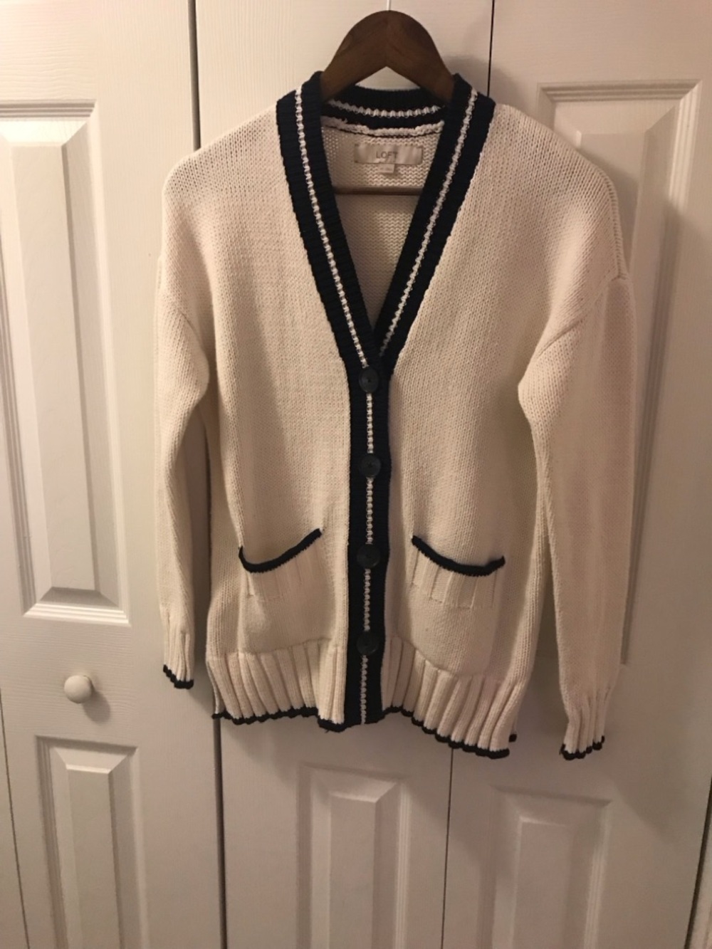 LOFT Cream Cardigan Tennis Sweater with Black Trim and Front Pockets - Picture 5 of 6